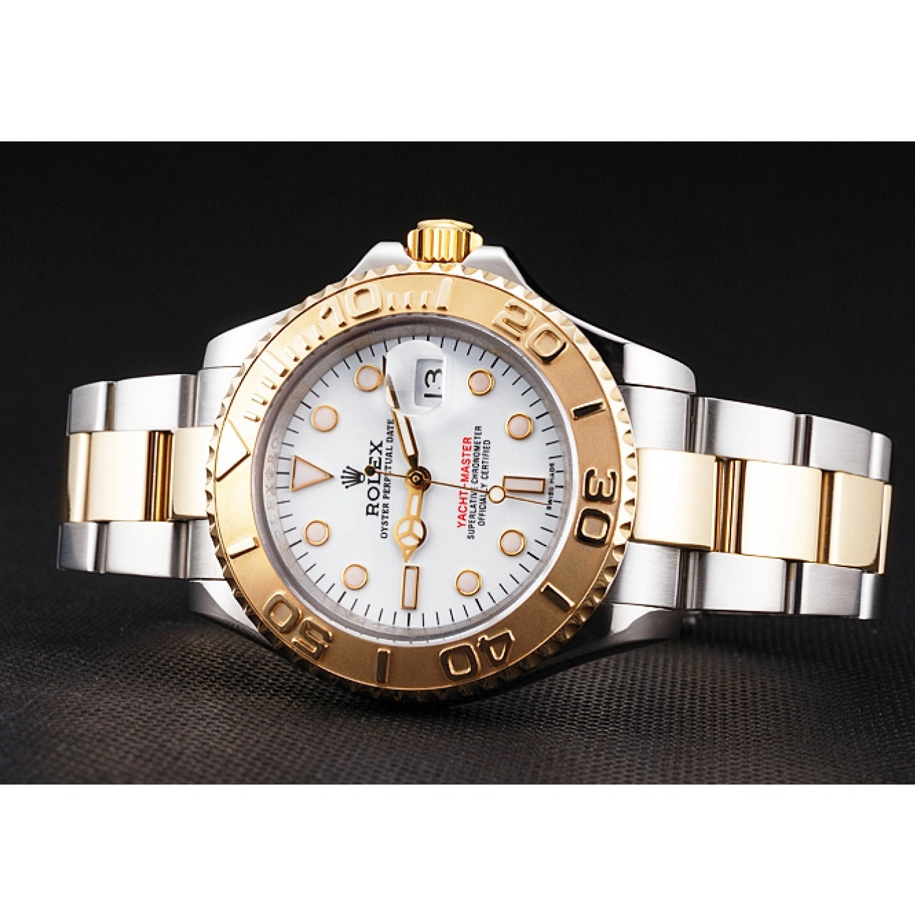 Aaa replica watch Case Tone Steel Yacht-Master Two Dial Stainless Bezel Gold White Swiss Bracelet Rolex 0725